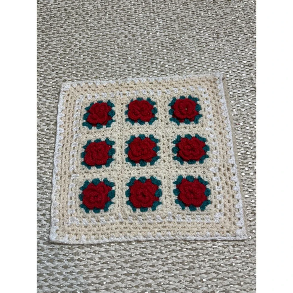 Handmade Crochet Rose Floral Granny Square Pillow Cover cottagecore 13x11 Boho